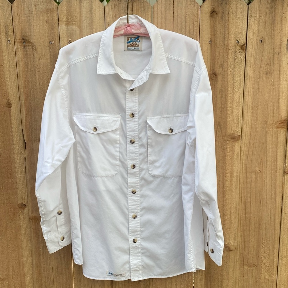 VTG TravelSmith Mens Large Long Sleeve Button Up Safari Shirt White Outdoors
